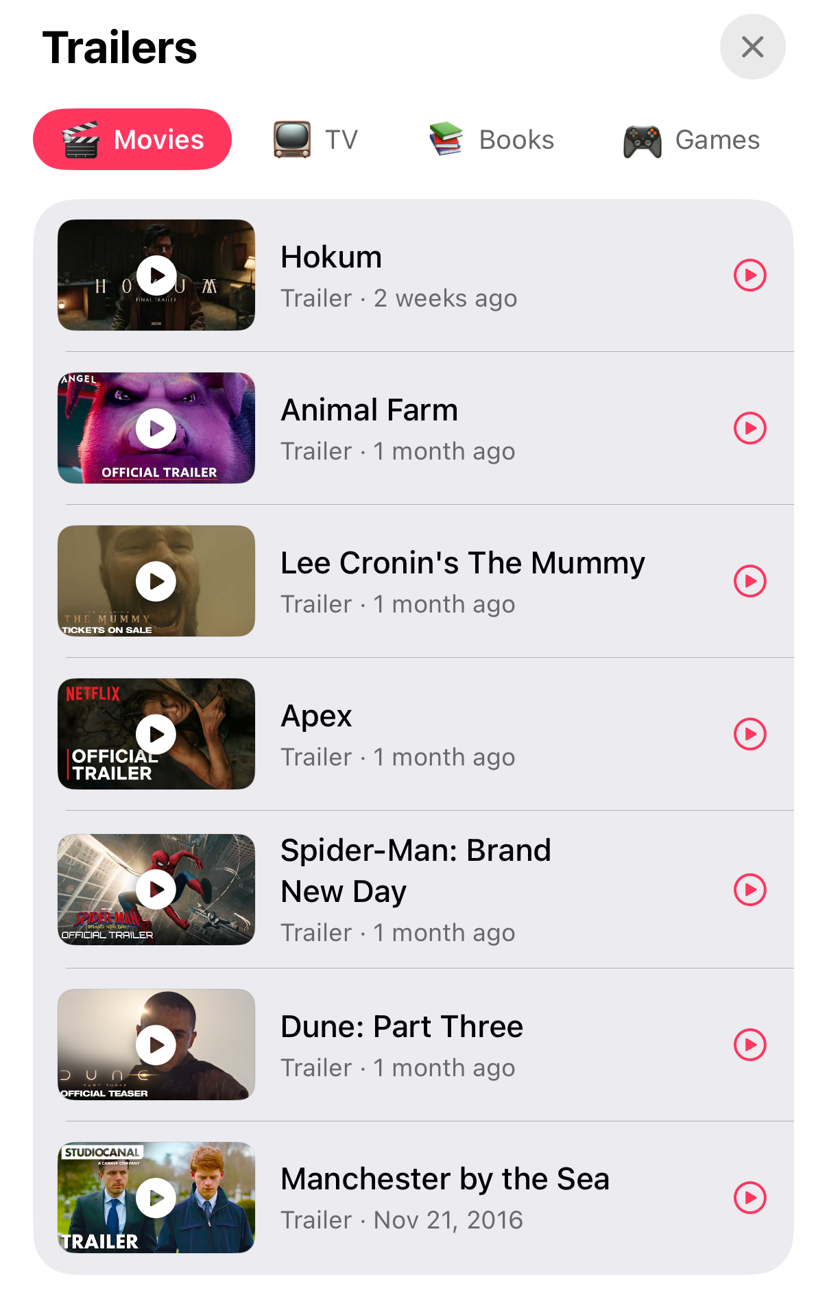 The Trailers tab — a feed of trailers for items on your list